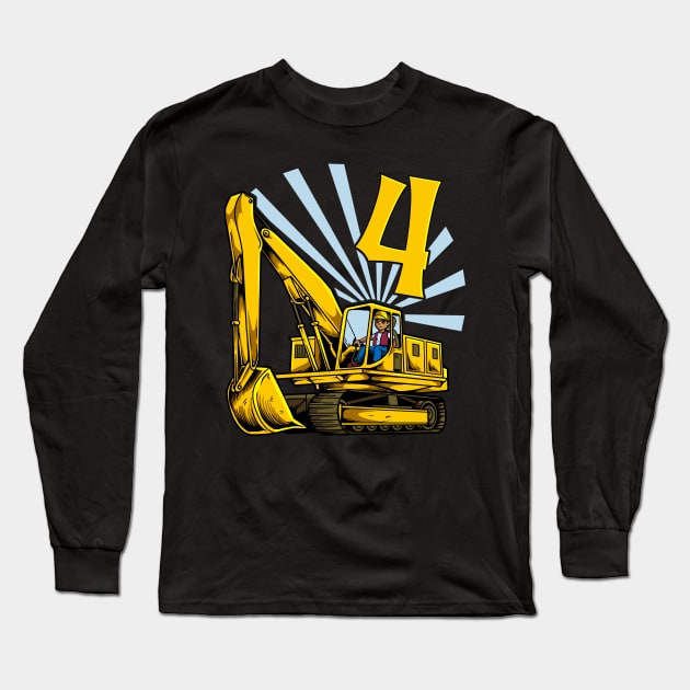 Excavator 4 year old birthday Long Sleeve T-Shirt by Modern Medieval Design